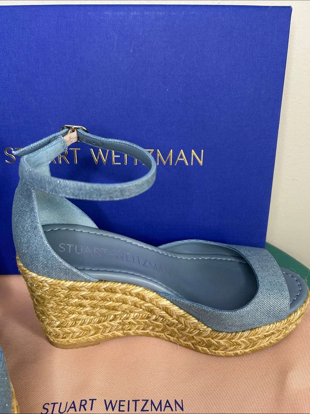 Stuart Weitzman Nudistia Metallic Denim Blue Espadrille Wedge Sandal Ankle Strap - Picture 4 of 10
